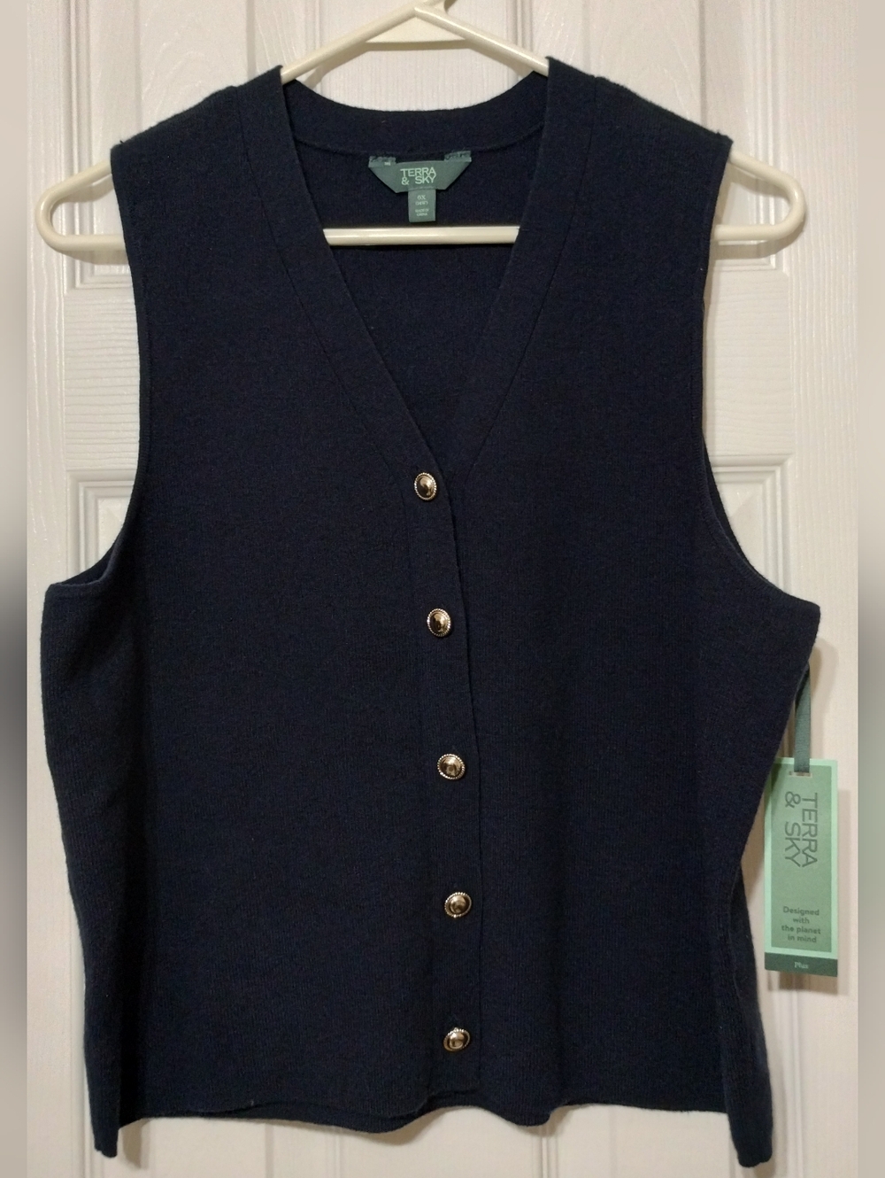 Women’s Terra & Sky Navy Button Front Knit Vest 0X (14W) NWT